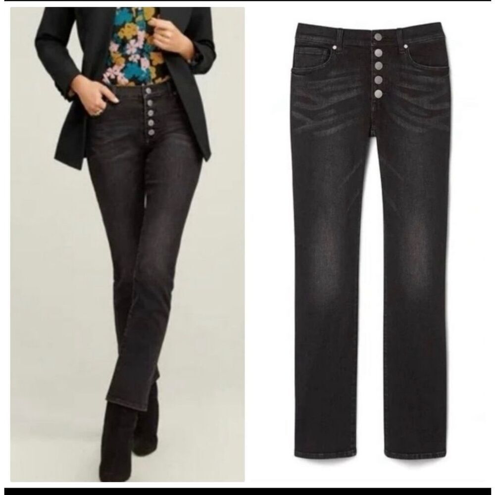 Cabi straight-leg jeans faded black wash exposed button fly closure size 8
